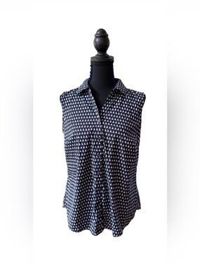Charter Club Navy and White Sleeveless Button-Front Shirt